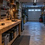 Aménagement atelier garage : établi en bois et outils triés, plan de travail dégagé