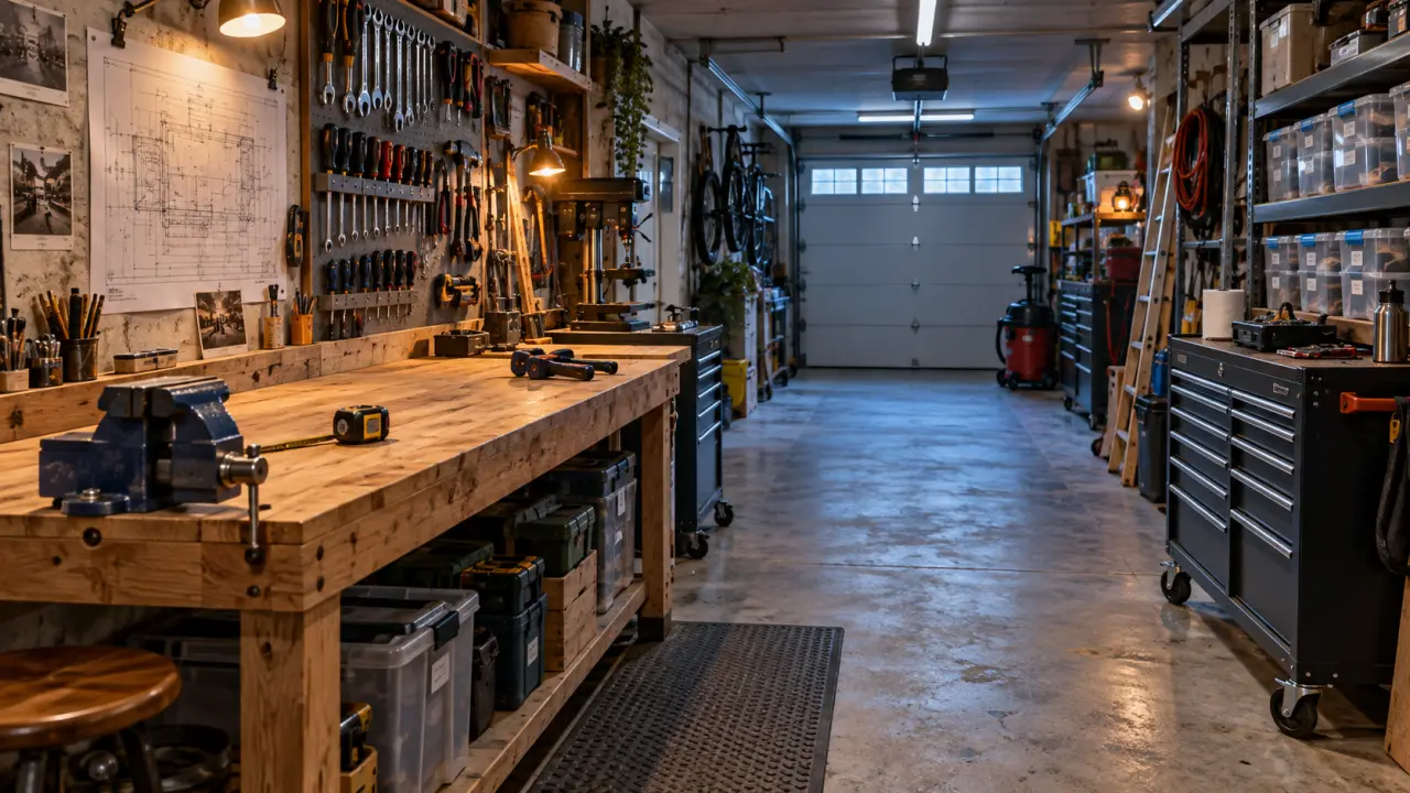 Aménagement atelier garage : établi en bois et outils triés, plan de travail dégagé