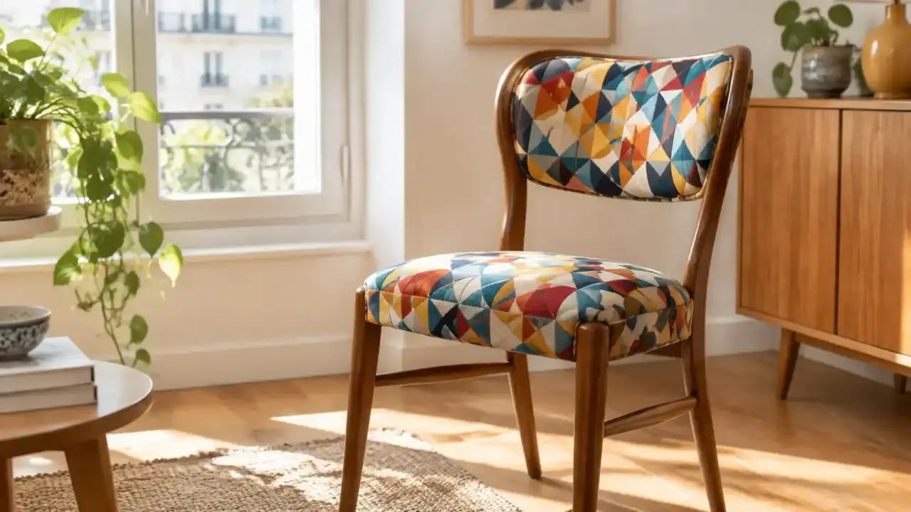 Chaise en bois avec une assise en tissu à motifs colorés
