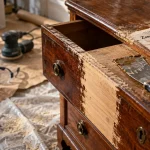 Décaper un meuble bois : ponceuse à main sur placage, atelier