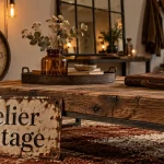 Décoration vintage industrielle : entrée salon avec table bois recyclé et acier patiné