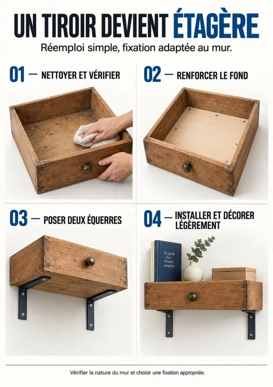 Étapes pour détourner un objet et transformer un tiroir en étagère murale