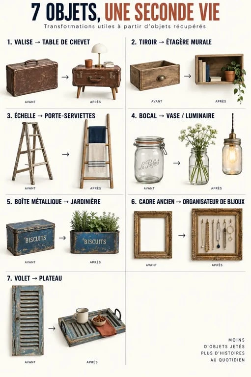 Infographie pour détourner un objet : sept idées de décoration récup avant et après
