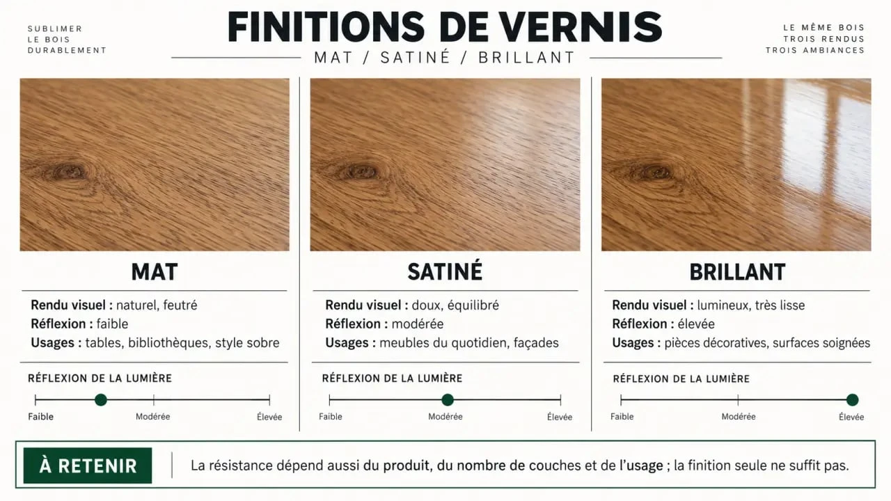 Comparatif des finitions mat, satiné et brillant pour vernir un meuble en bois