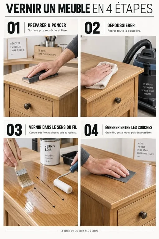 Étapes pour vernir un meuble en bois, du ponçage à l'application des couches