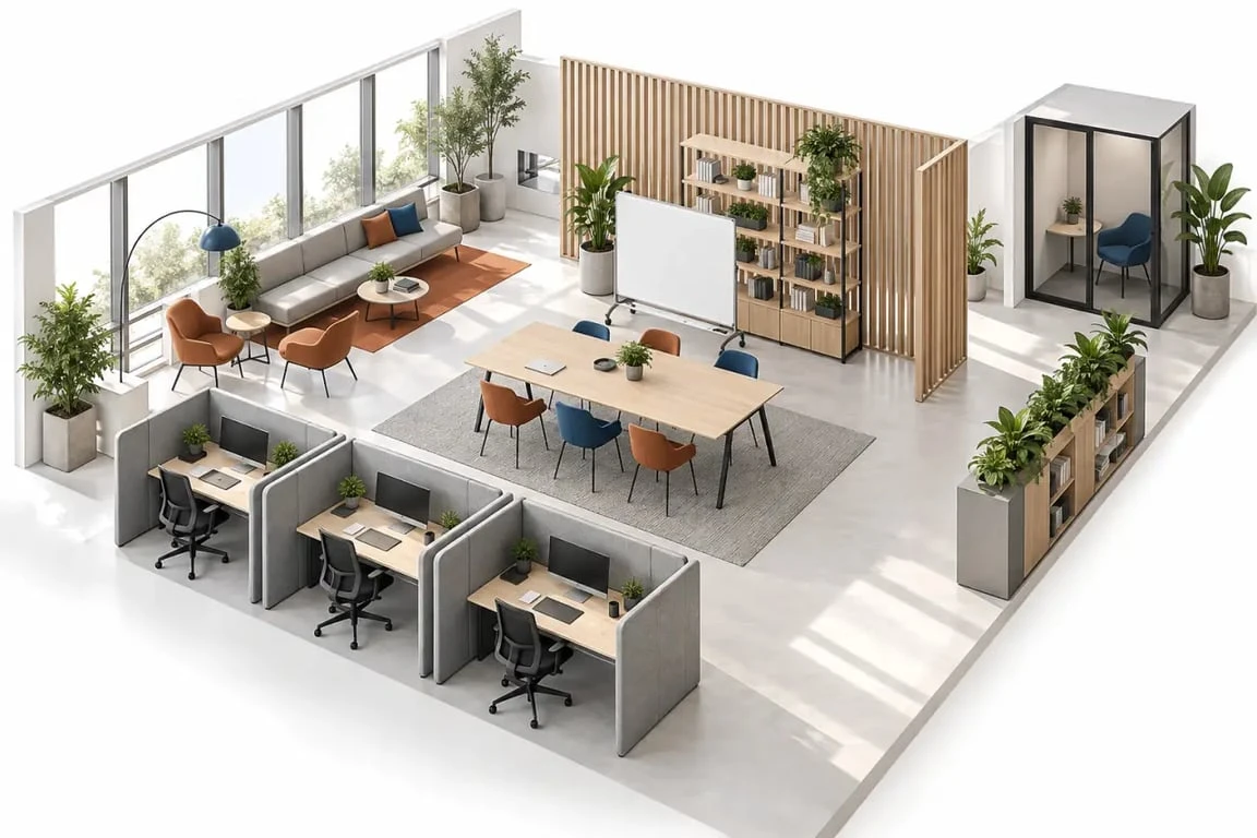 Décoration open space avec zonage, mobilier acoustique, plantes et espace de concentration