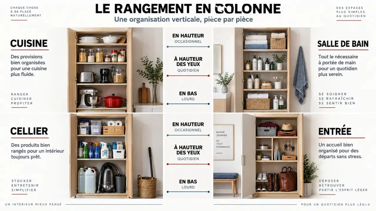 Infographie sur les usages d’un meuble rangement colonne dans la cuisine, la salle de bain, le cellier et l’entrée