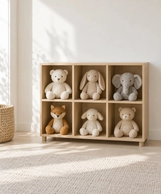 Rangement doudous en meuble à cases dans une chambre d'enfant