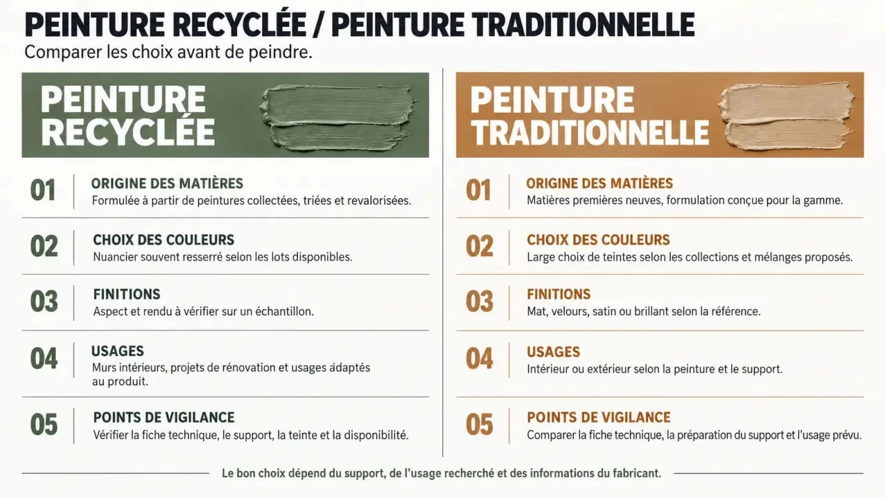 Comparaison entre peinture recyclée et peinture traditionnelle selon les critères utiles