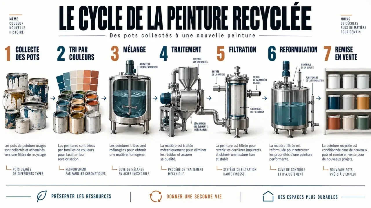 Cycle de fabrication de la peinture recyclée, de la collecte à la remise en vente