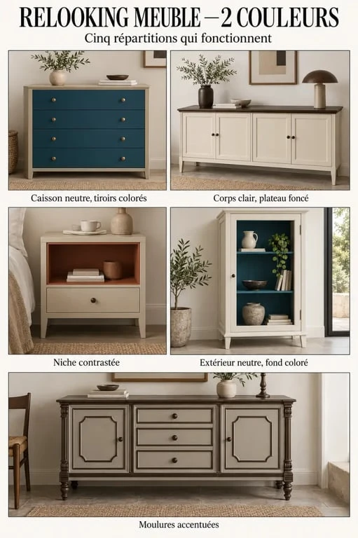 Idées de répartition des couleurs pour un relooking meuble 2 couleurs selon le type de meuble