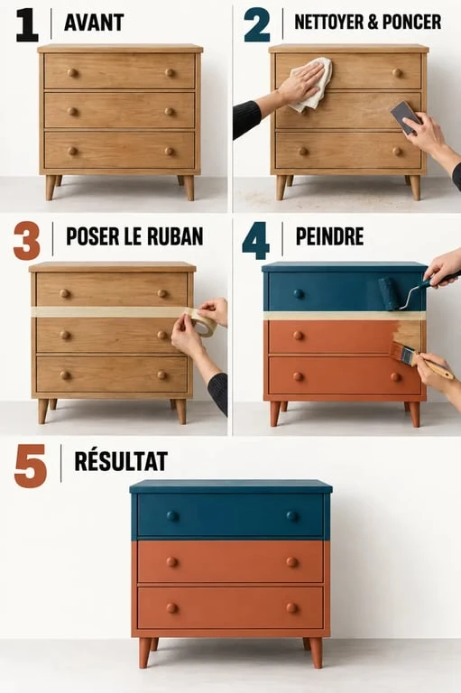 Étapes d’un relooking meuble 2 couleurs avec préparation, masquage et application de la peinture