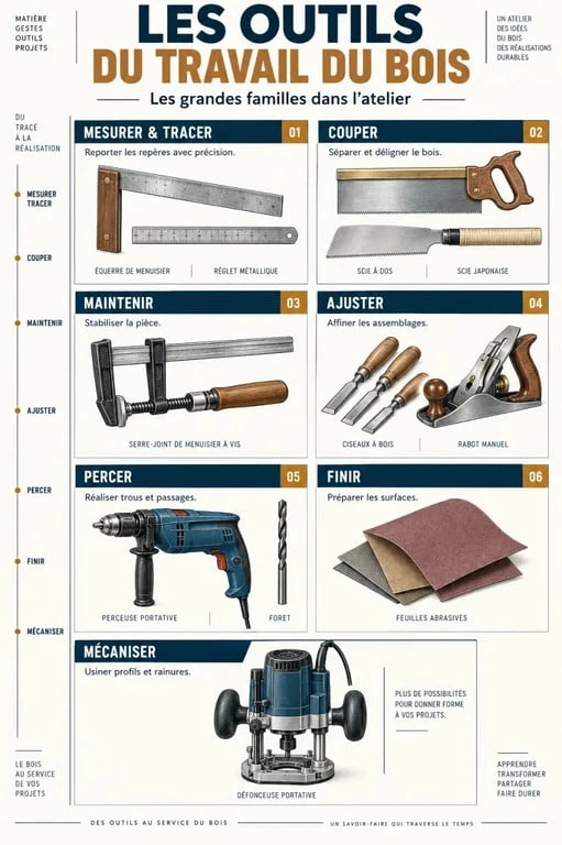 Infographie des principaux outils pour le travail du bois et de leurs fonctions
