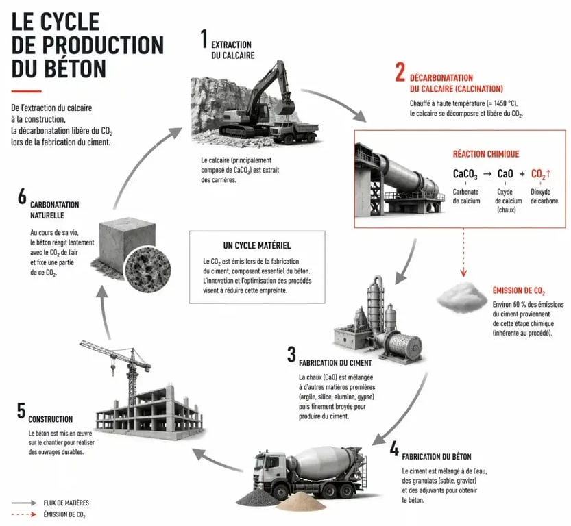 Schéma explicatif de la décarbonatation du calcaire dans la fabrication du béton écologique