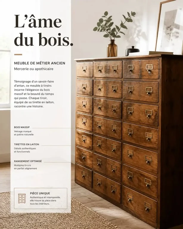Meuble de métier en bois massif à tiroirs de mercerie ancien dans un intérieur