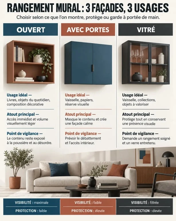 Infographie des modules ouverts, fermés et vitrés d’un meuble de rangement mural suspendu