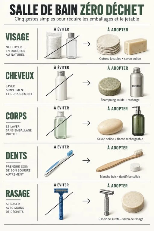 Infographie sur une salle de bain zéro déchet et ses alternatives durables