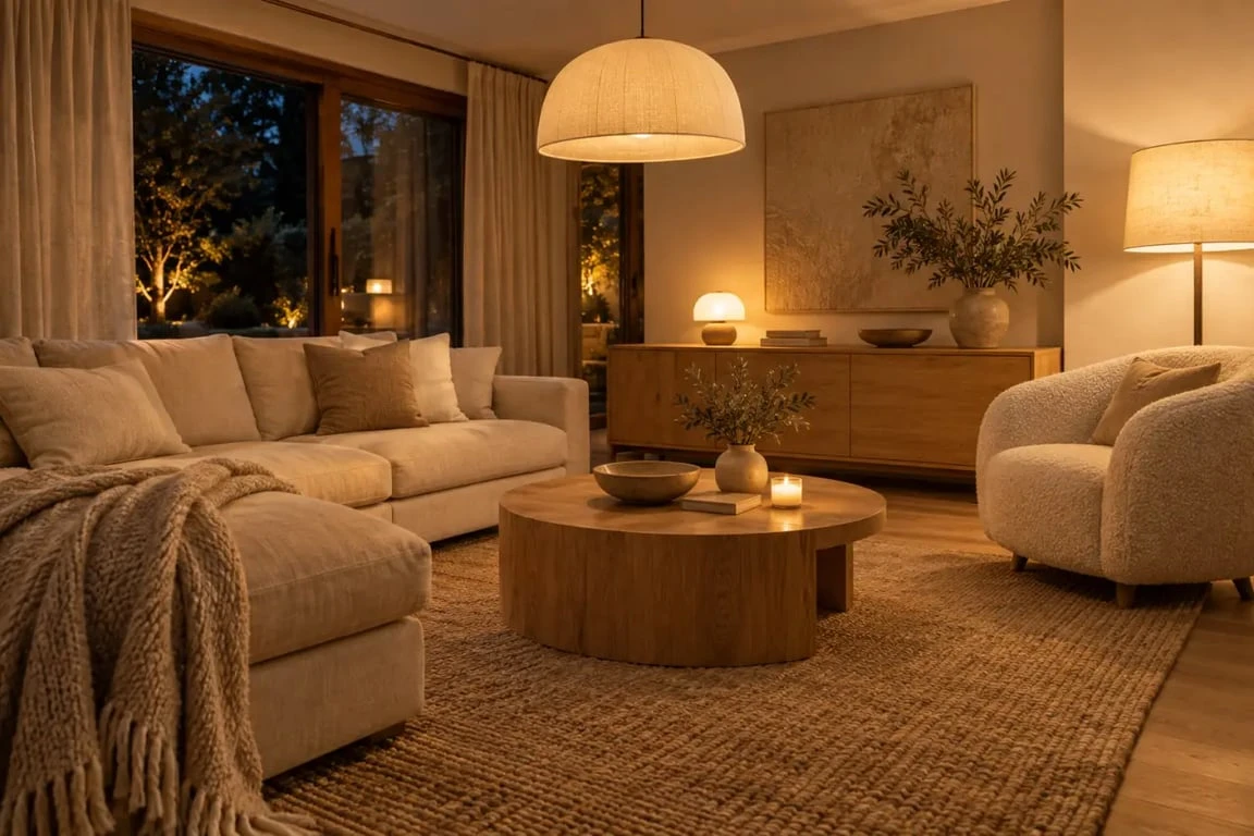Éclairage en strates et matières naturelles dans une déco scandinave cocooning