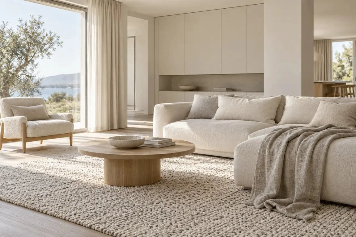Salon aménagé avec une déco scandinave cocooning en bois clair, textiles naturels et lumière douce
