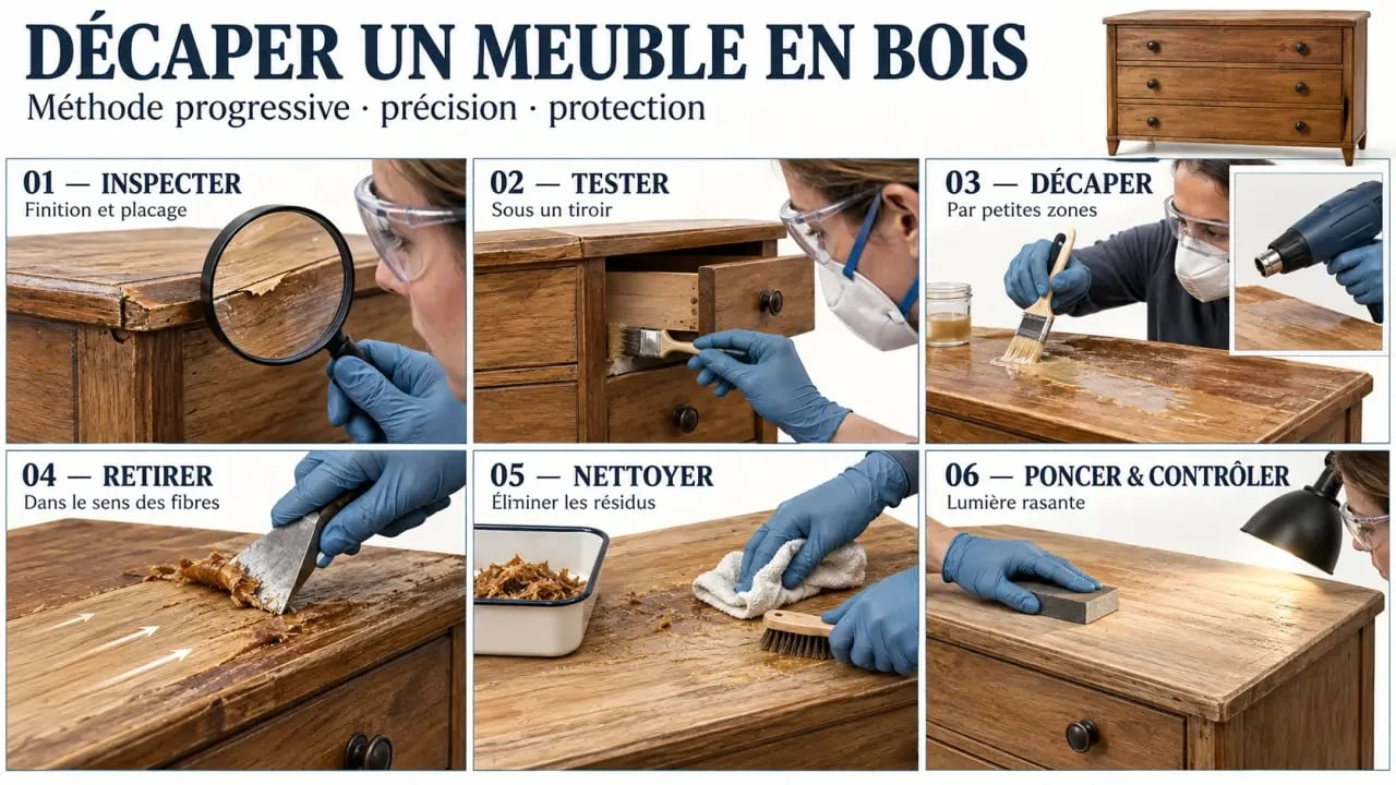 Étapes pour décaper un meuble bois avec zone-test, spatule et ponçage