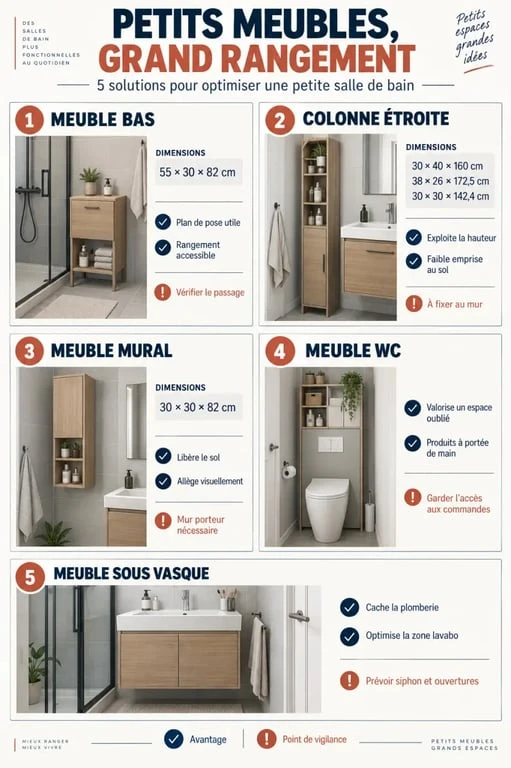 Infographie des formats de petit meuble de rangement salle de bain et de leurs dimensions