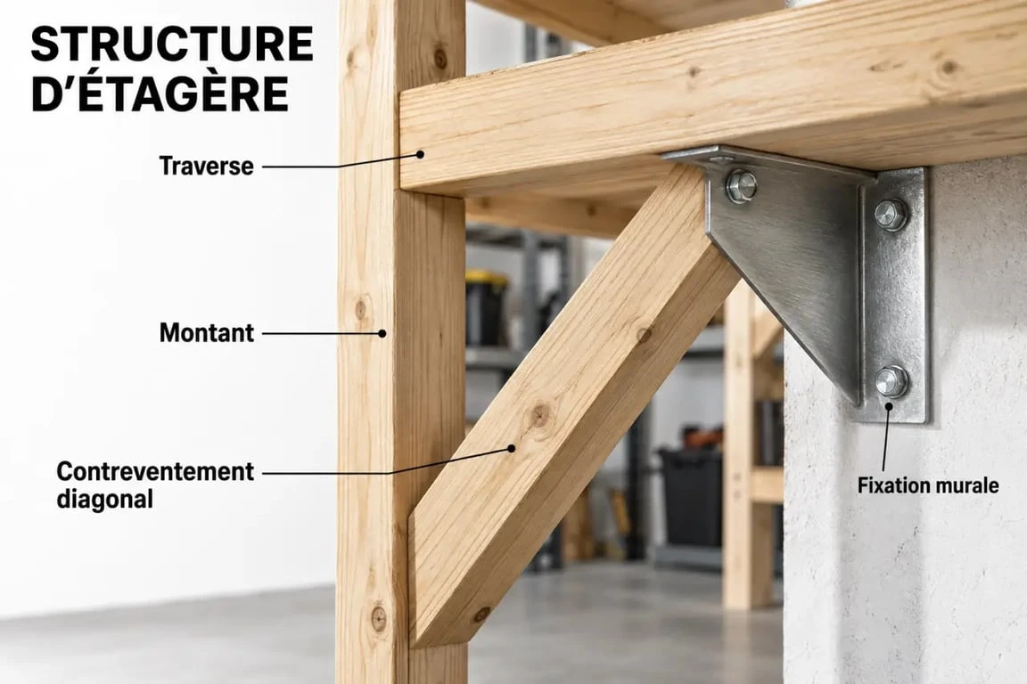 Détail du contreventement d'une étagère bois garage pour la stabilité