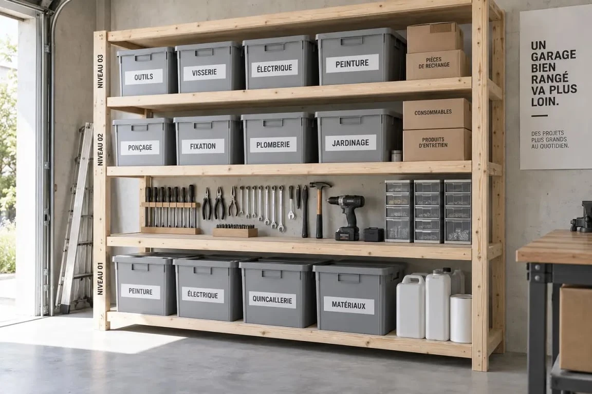 Étagère bois garage avec rangement organisé par niveaux de charge