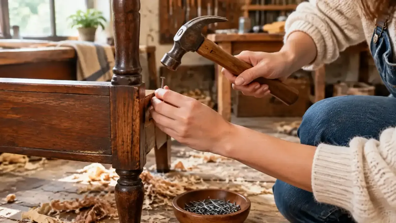 Mains réparant une chaise en bois avec un marteau