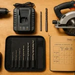 Marque outillage : perceuse sans fil et batteries sur établi