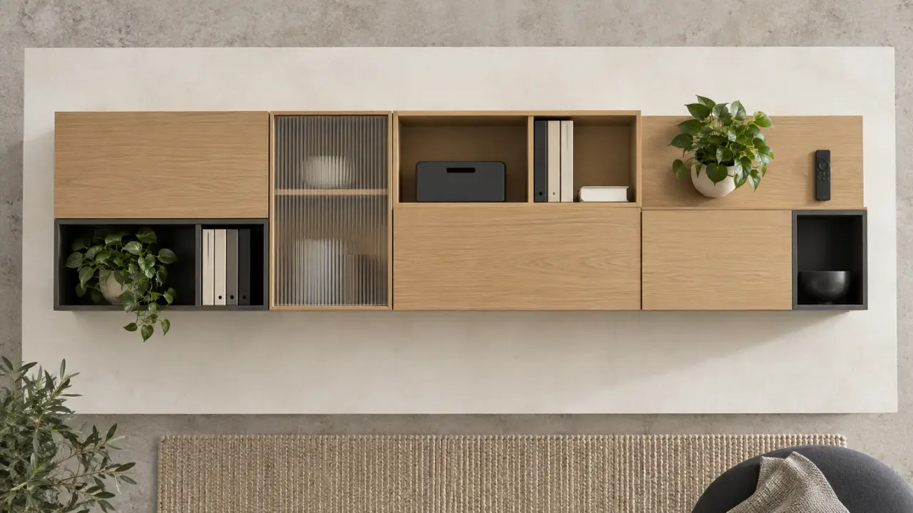 Meuble rangement mural suspendu, modules muraux laqués et niches ouvertes