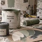 Peinture recyclée : rouleau et pot sur bâche pour murs intérieurs