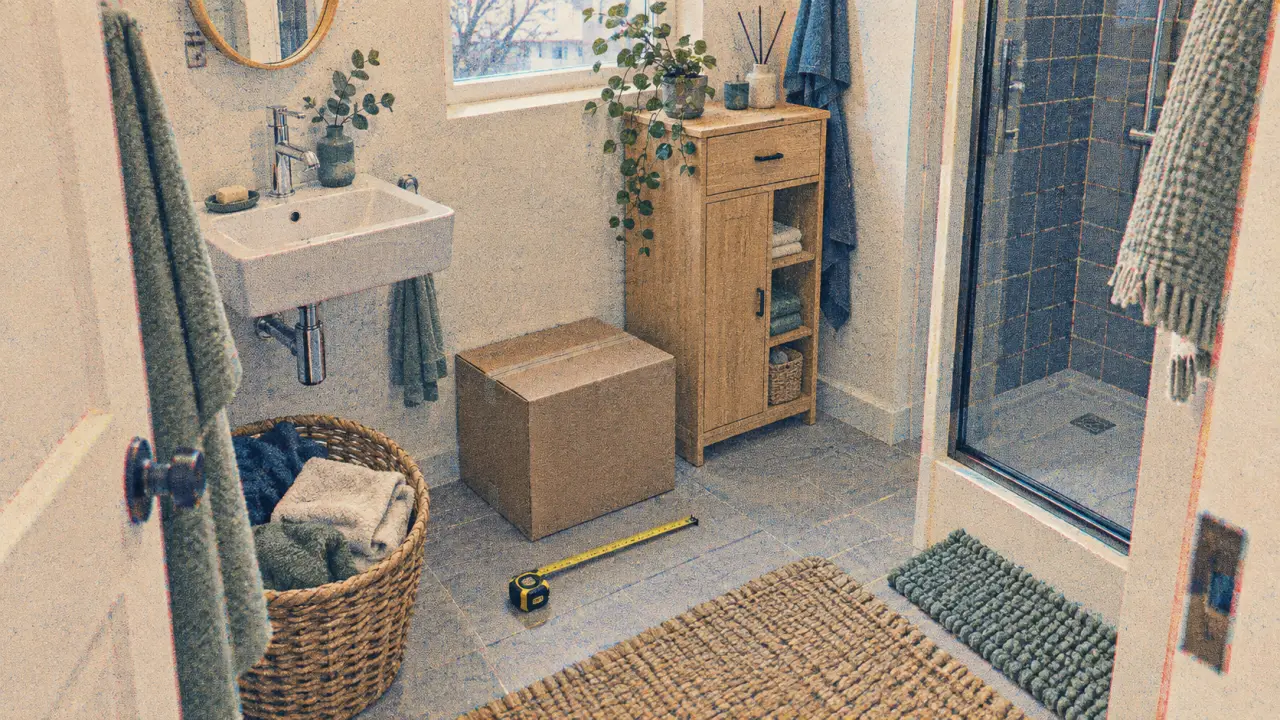 Petit meuble de rangement salle de bain, espace mesuré et circulation visible