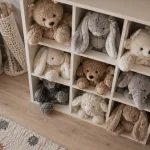 Rangement doudous dans un meuble à cases pour gagner de la place