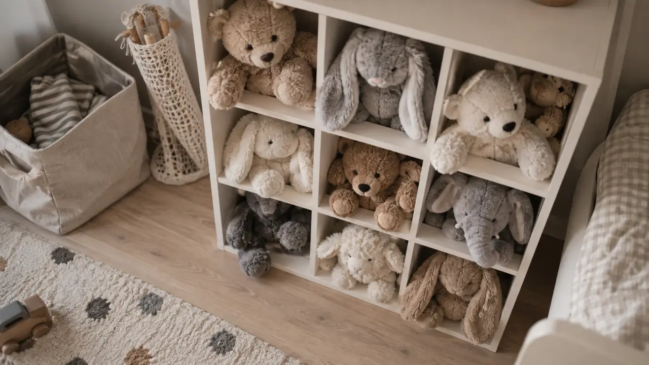 Rangement doudous dans un meuble à cases pour gagner de la place