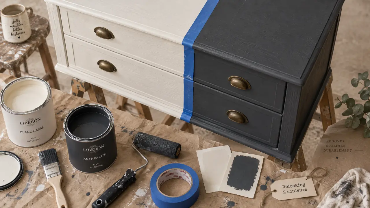 Relooking meuble 2 couleurs : démarcation nette blanc cassé et anthracite