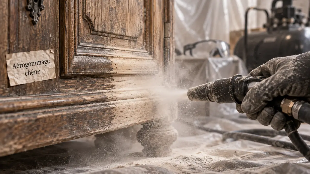 Sabler un meuble en bois au aérogommage, sans creuser les fibres