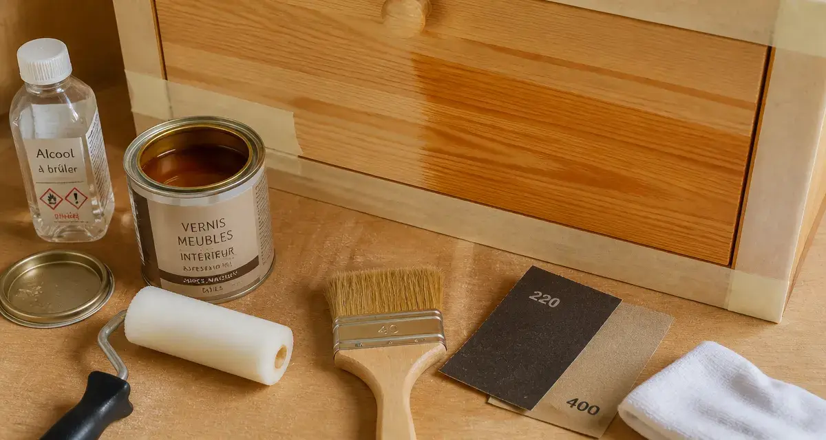 Vernissage meuble bois : surface fraîchement vernie sur bois poncé
