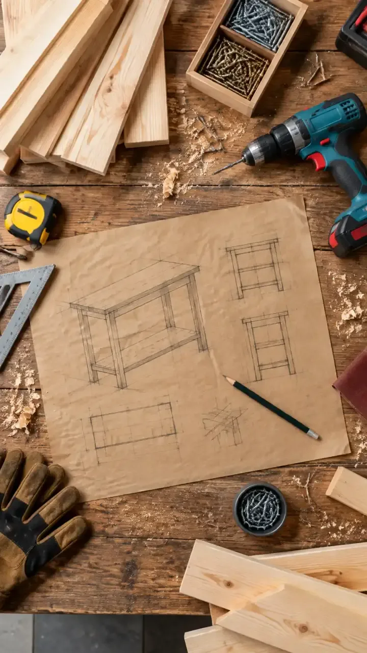 Outils, planches et croquis posés sur un établi