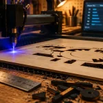 Découpeuse laser bois découpant du contreplaqué 6 mm sur établi