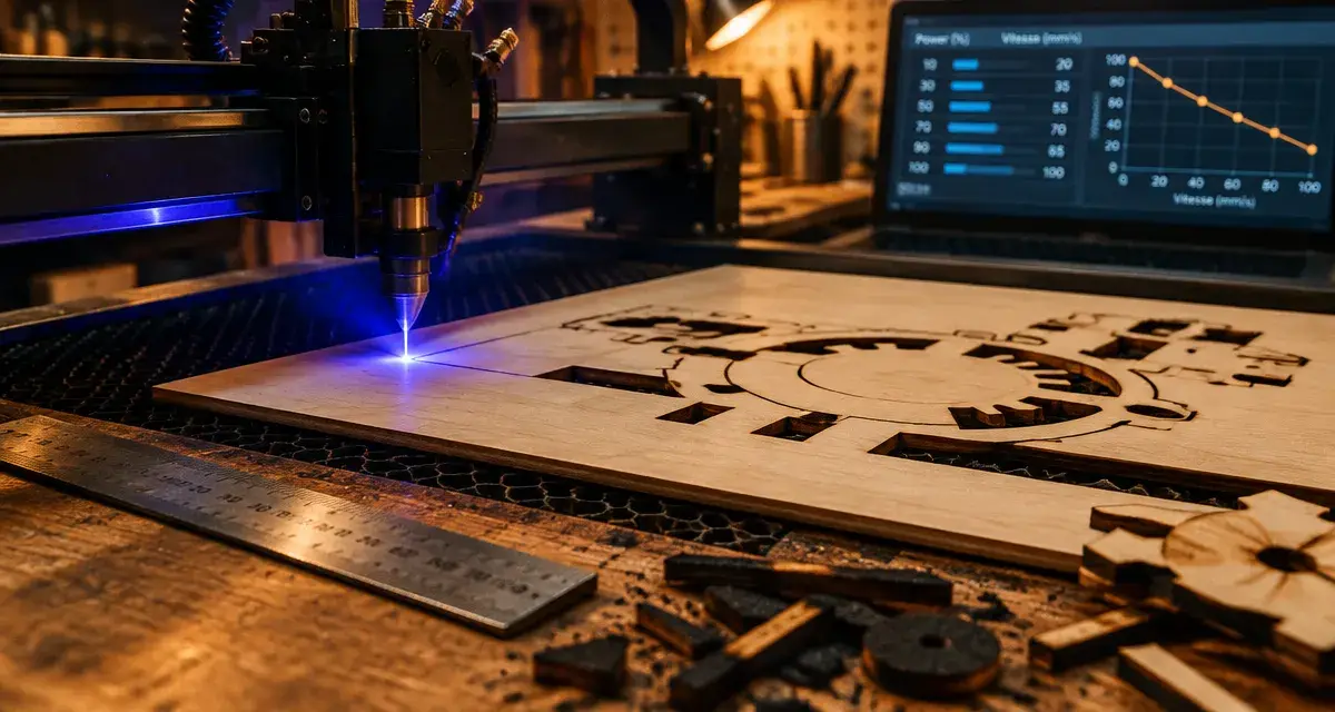 Découpeuse laser bois découpant du contreplaqué 6 mm sur établi