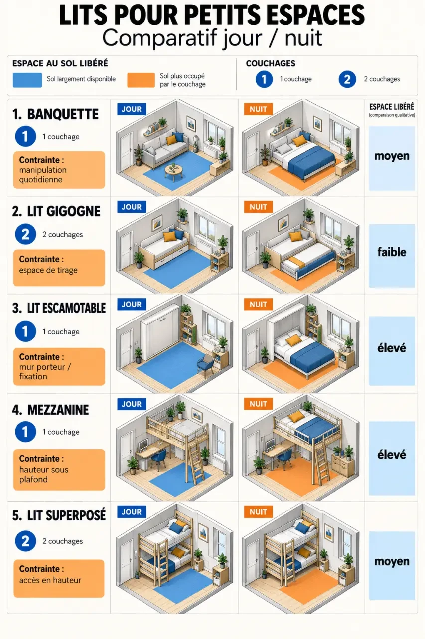 Infographie comparative des solutions de lit petit espace : banquette, gigogne, escamotable, mezzanine et superposé