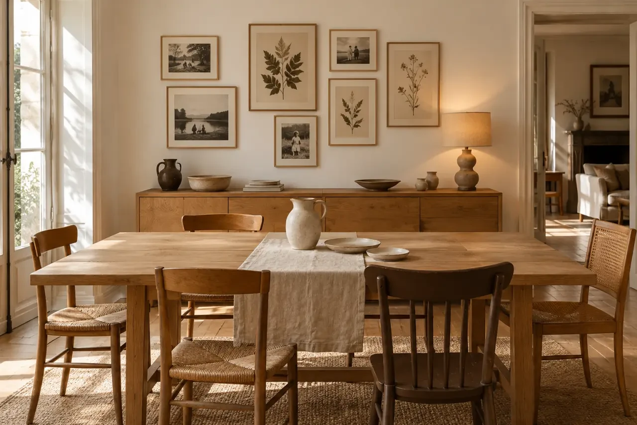 Déco maison de famille autour d’une table en bois, d’un buffet et d’un mur de cadres