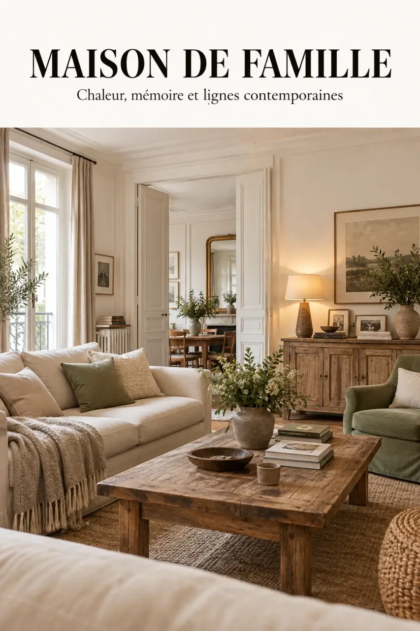 Déco maison de famille dans un salon chaleureux mêlant meubles anciens, textiles naturels et confort contemporain