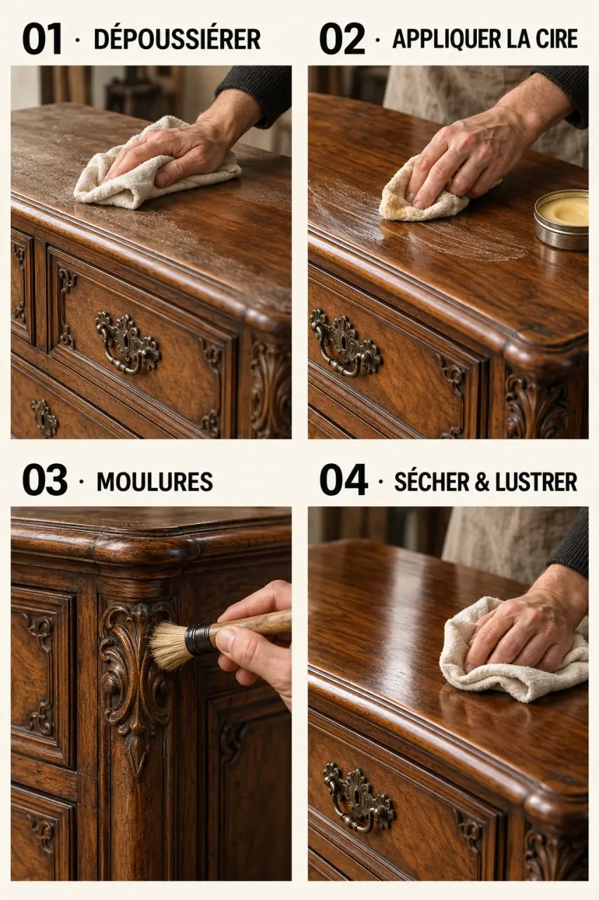 Étapes pour appliquer et lustrer la cire sur un meuble ciré