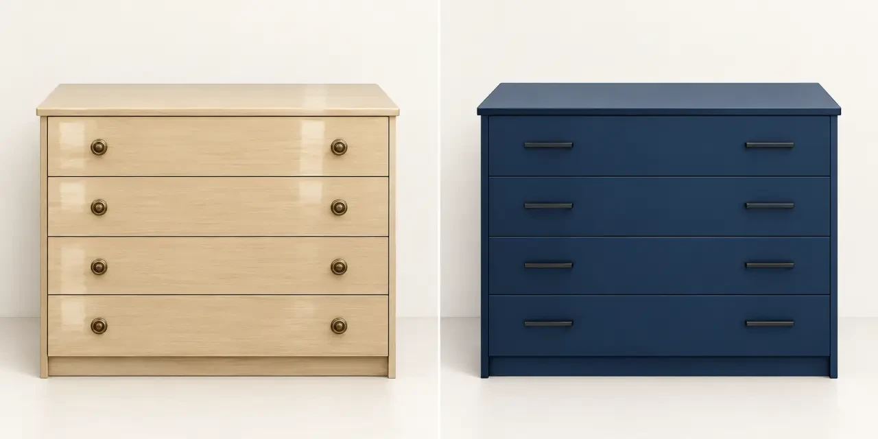 Relooking meuble avant après d’une commode en mélaminé avec façades mates et nouvelles poignées