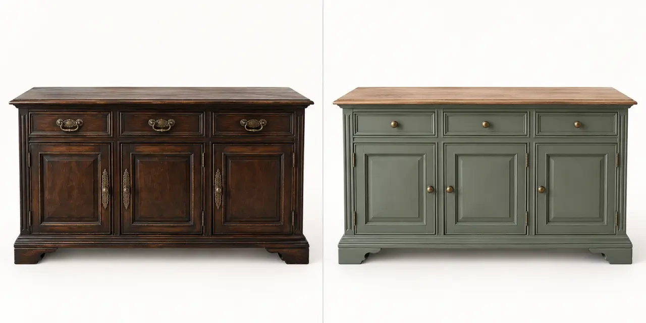 Relooking meuble avant après d’un buffet ancien repeint avec plateau en bois apparent
