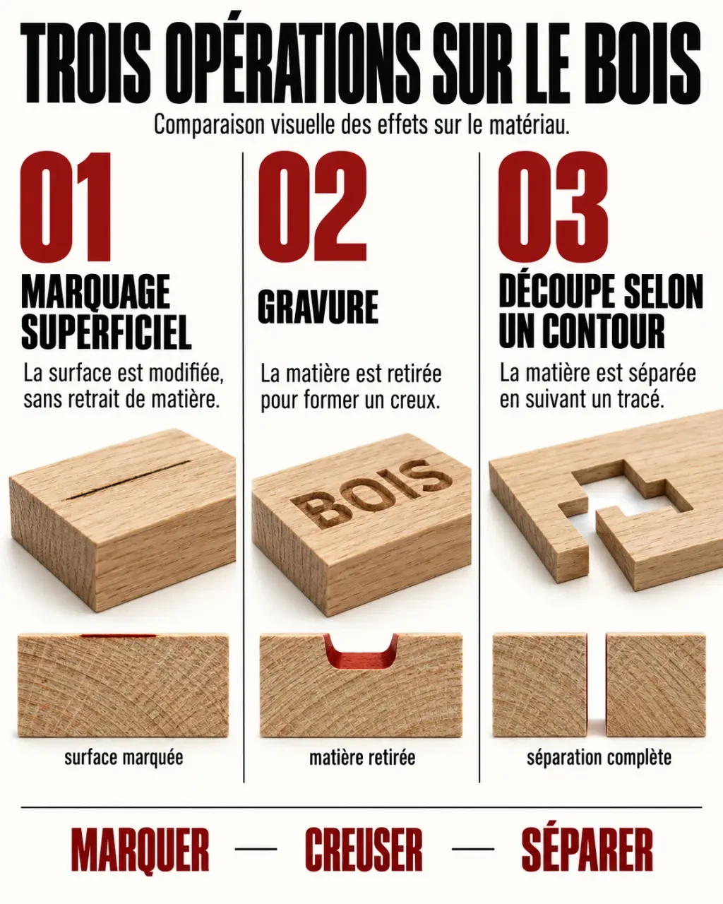 Infographie comparant marquage, gravure et découpe du bois au laser