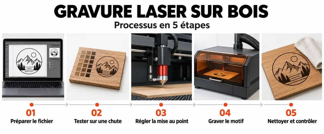 Processus de gravure bois laser, du fichier au contrôle du résultat