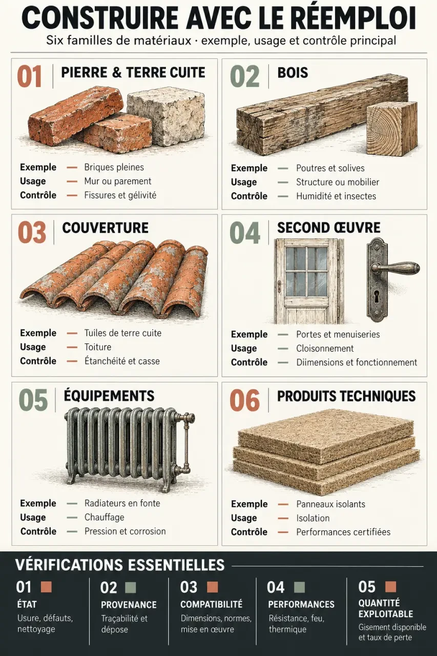 Infographie des matériaux de construction de récupération et des contrôles à effectuer