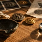 Laiton ou bronze : patine bronze brun-noir et laiton jaune-or sur table en chêne